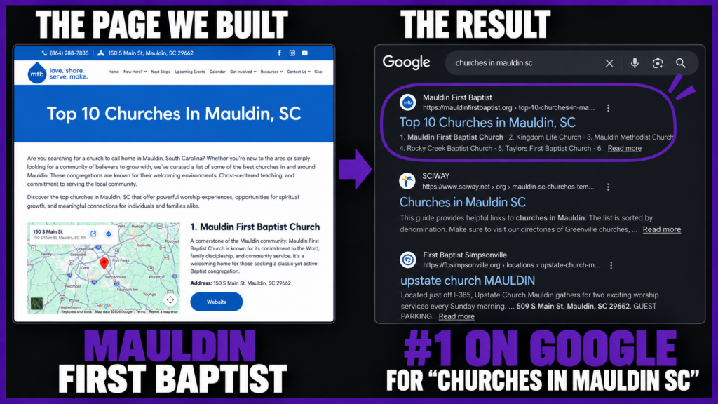 The Top 10 Churches in Mauldin, SC page built for Mauldin First Baptist, shown as the first Google result for churches in Mauldin SC.