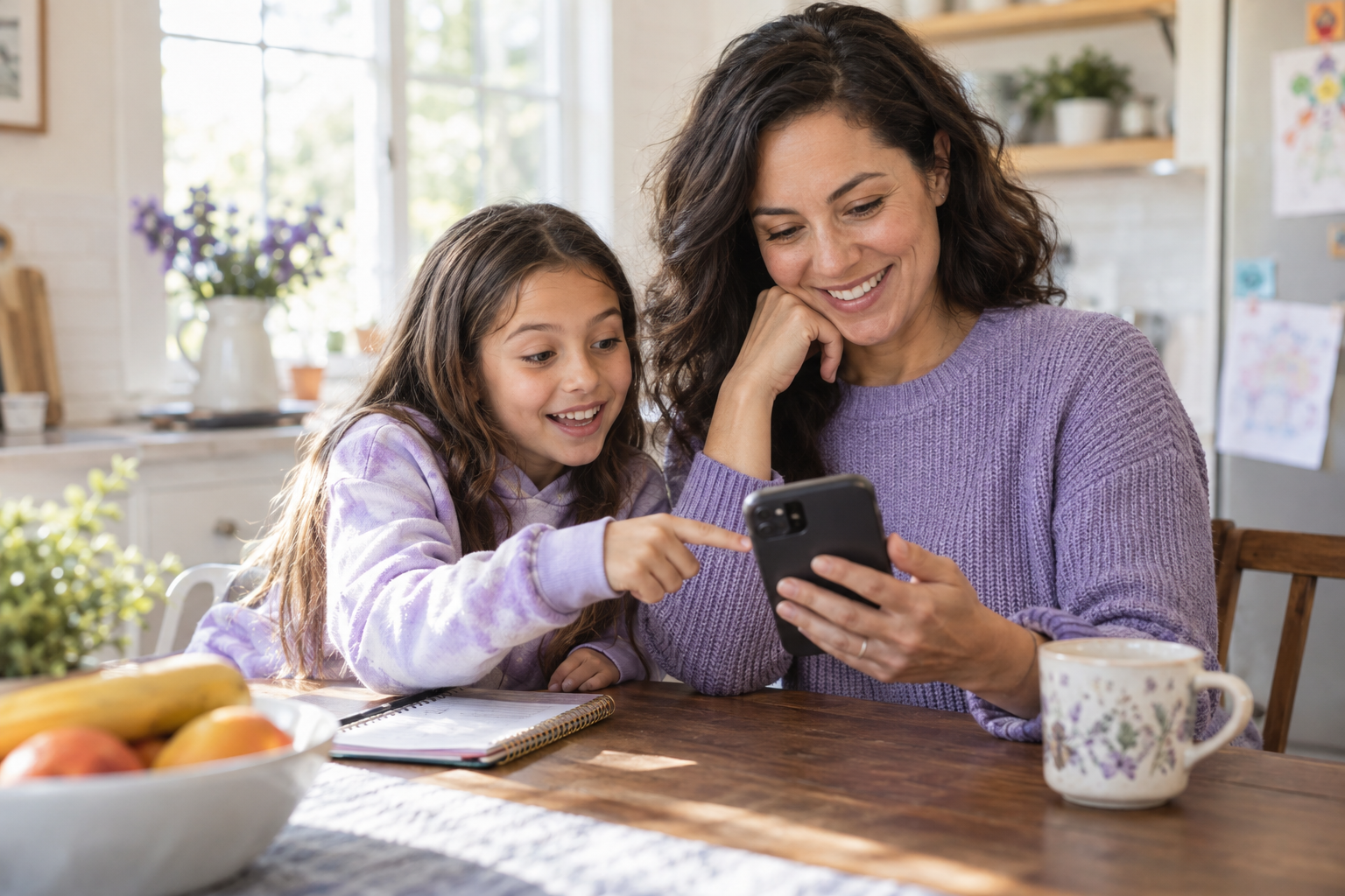Illustration of a parent and child discovering useful information together on a phone.