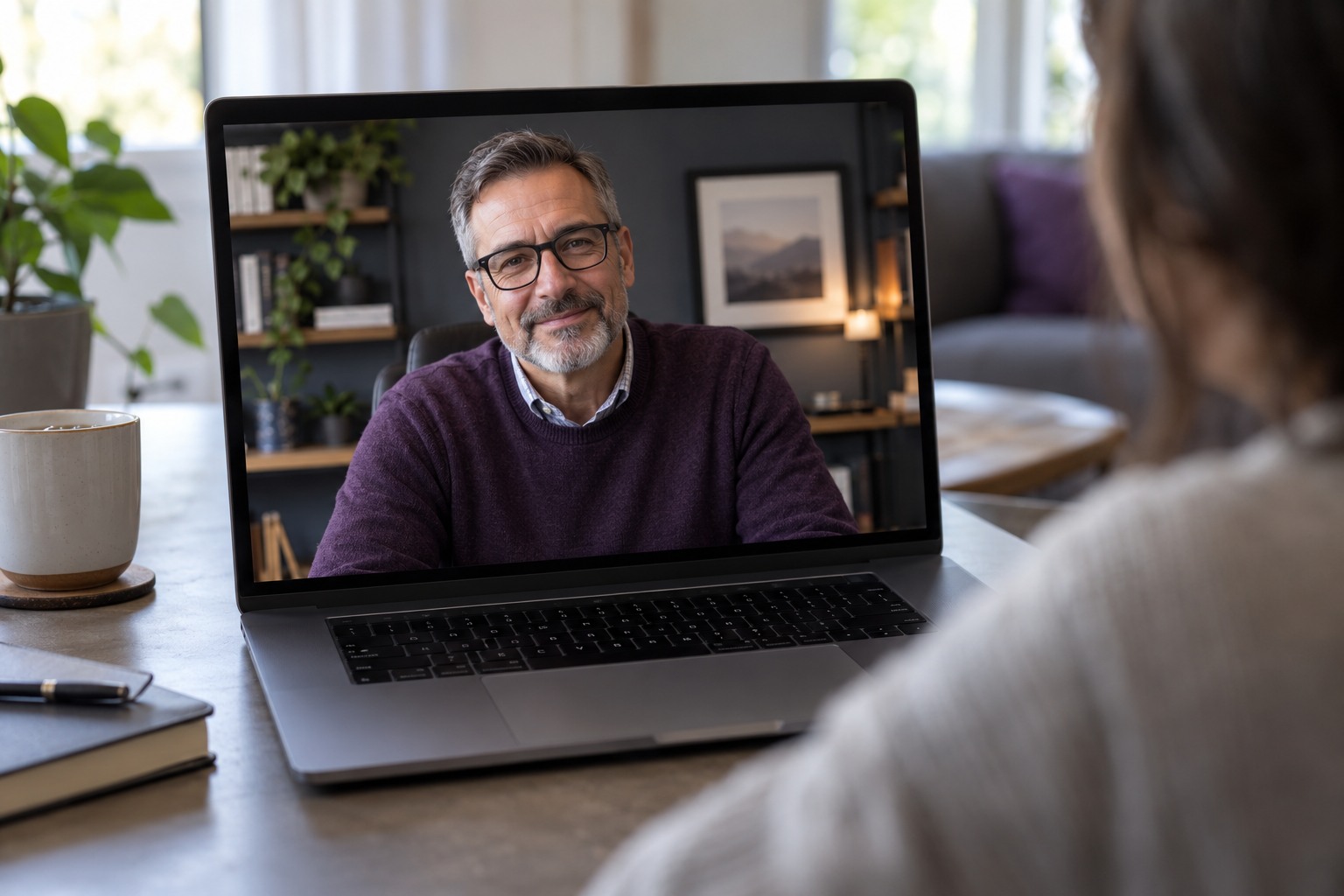 Concept illustration of someone at home having a one-on-one video conversation with a pastor
