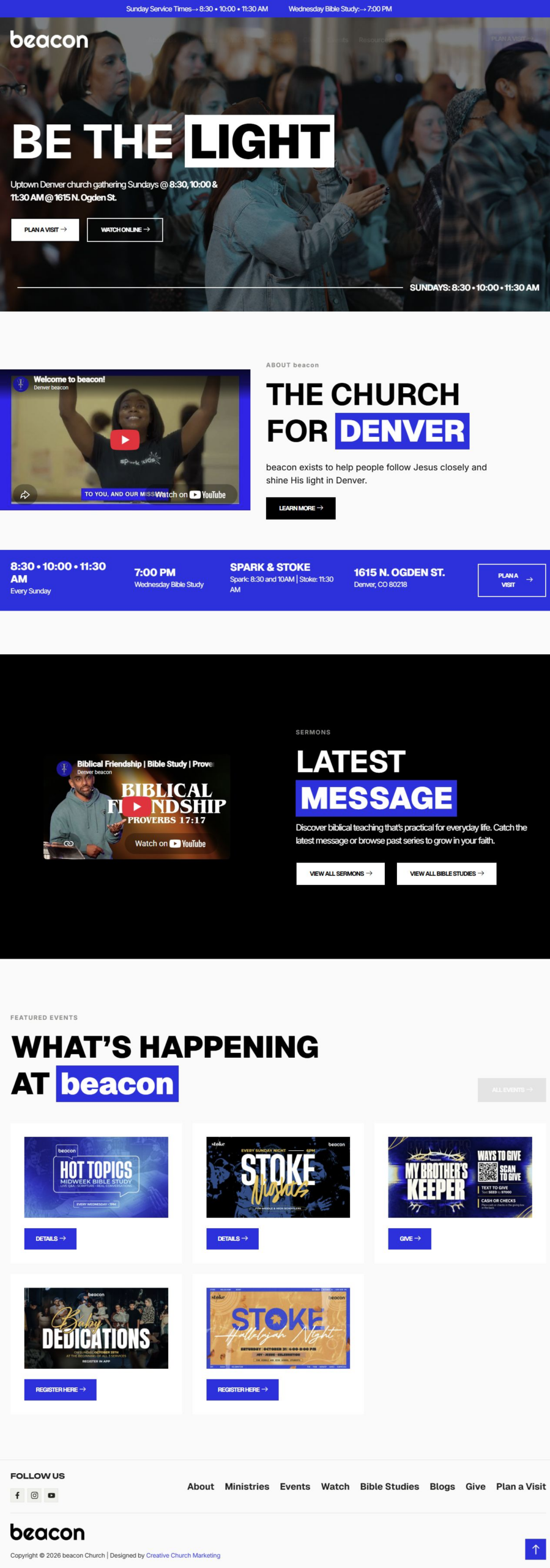Later beacon homepage with Be the Light headline, Plan a Visit action and welcome video