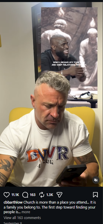 C.B. Barthlow reacting to a video about connection, with a caption about church as a family and Instagram engagement shown